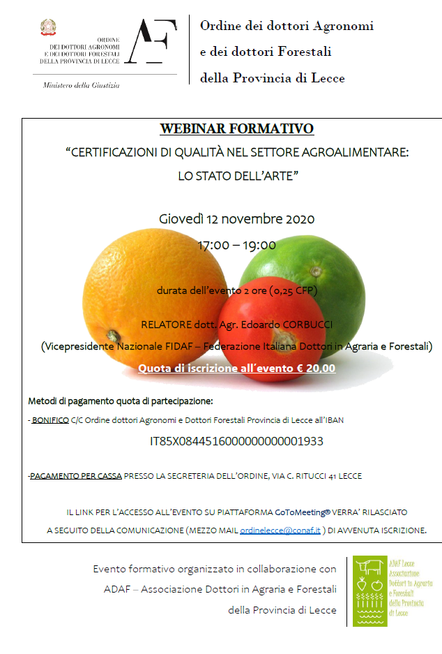 12 novembre 2020 – Webinar formativo “Certificazioni di qualità nel settore agroalimentare: lo stato dell’arte”