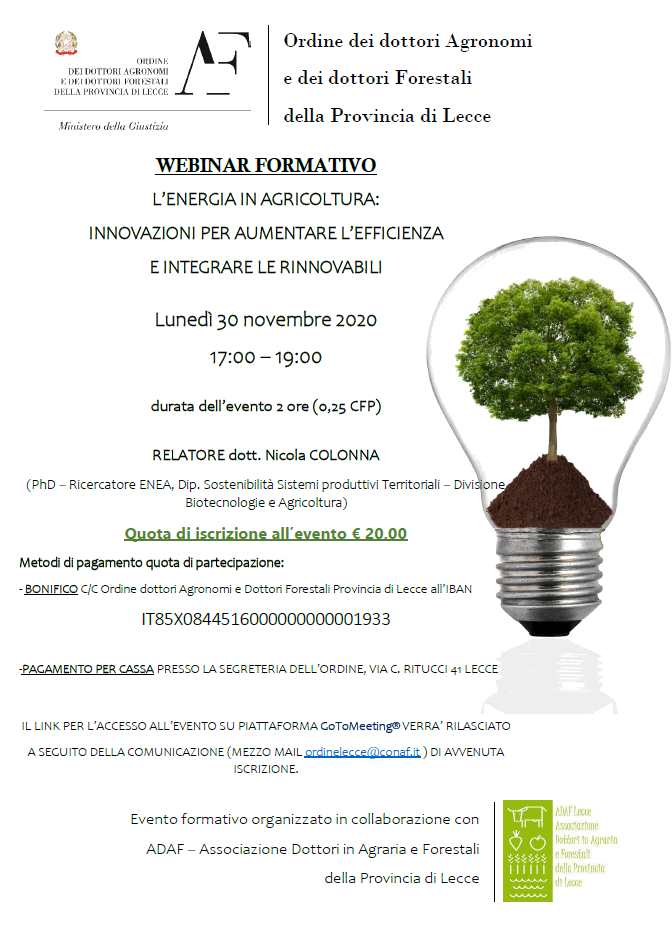 30 novembre 2020 – Webinar formativo “L’energia in agricoltura: innovazioni per aumentare l’efficienza e integrare le rinnovabili”