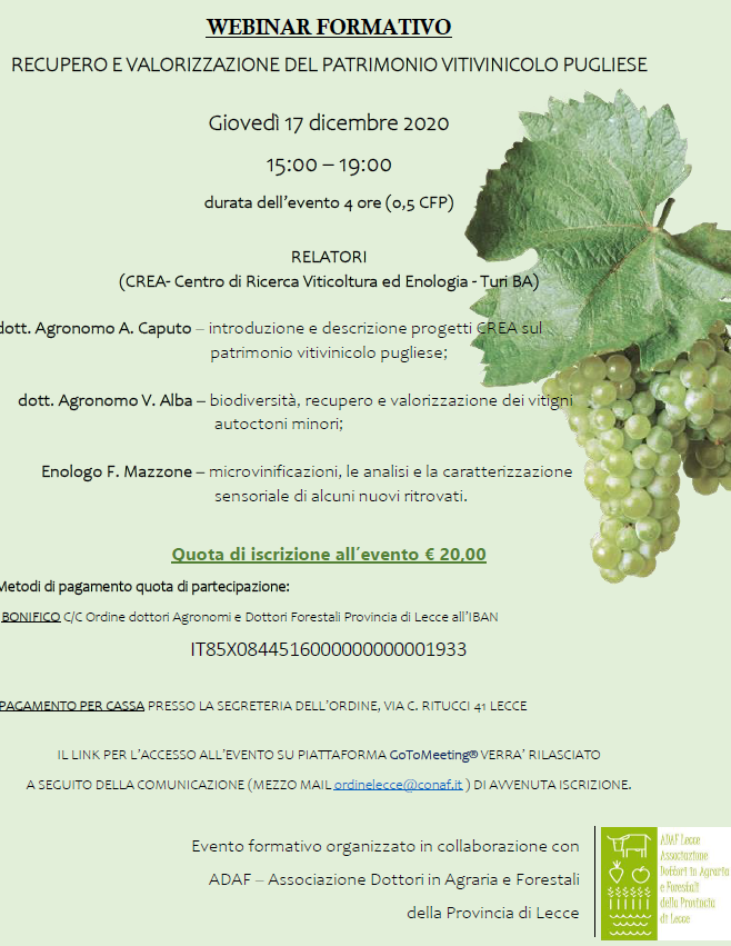 17 dicembre 2020 – Webinar formativo “Recupero e valorizzazione del patrimonio vitivinicolo pugliese”