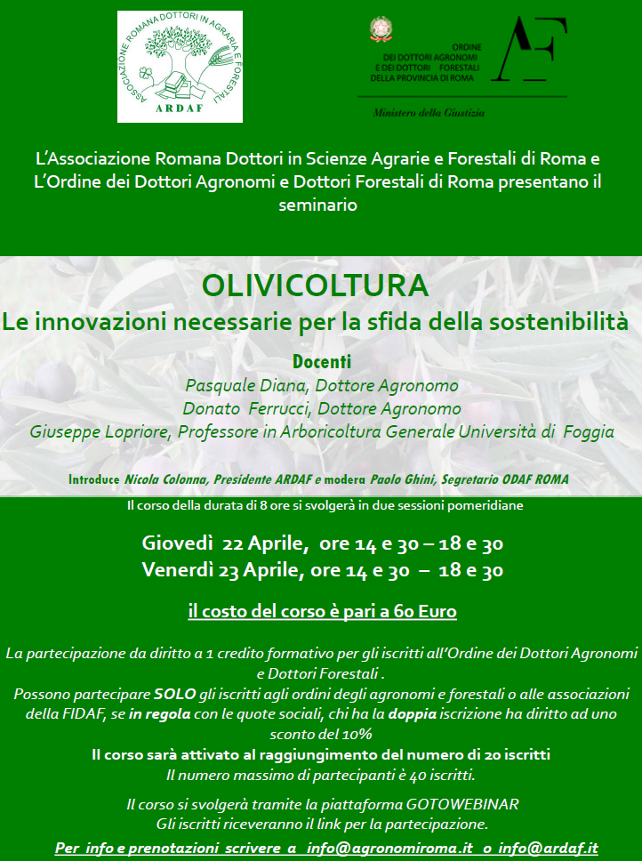 22 e 23 aprile 2021 – Corso ARDAF/ODAF “OLIVICOLTURA. Le innovazioni per la sfida della sostenibilità”