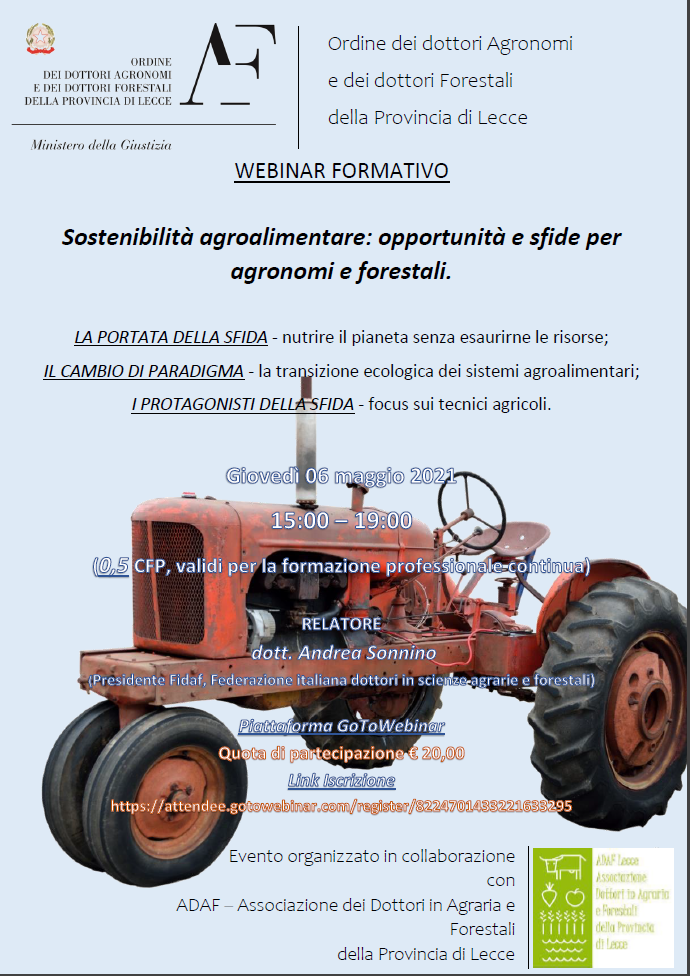 6 maggio 2021 – Webinar formativo “Sostenibilità agroalimentare: opportunità e sfide per agronomi e forestali”