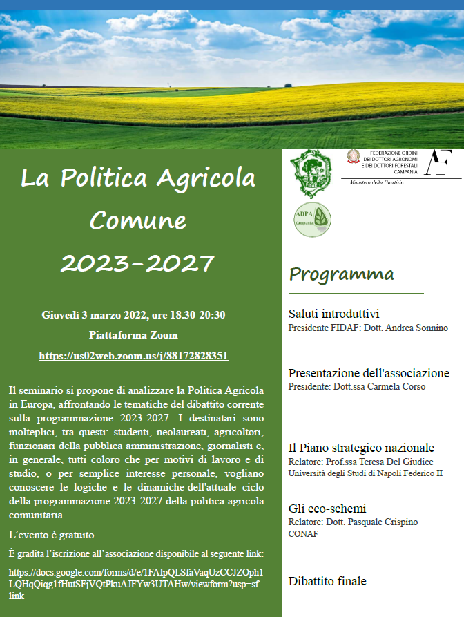 3 marzo 2022 – Seminario online “La Politica Agricola Comune 2023-2027”