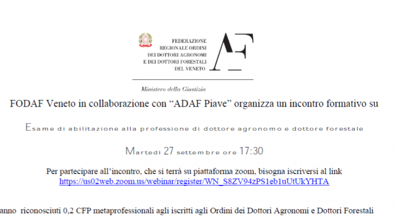 27 settembre 2022 – FODAF Veneto e ADAF Piave – Incontro formativo su Esame di abilitazione alla professione di dottore agronomo e dottore forestale