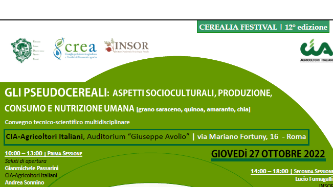 Roma, 27 ottobre 2022 – Gli pseudocereali: aspetti socioculturali, produzione, consumo e nutrizione umana [grano saraceno, quinoa, amaranto, chia]