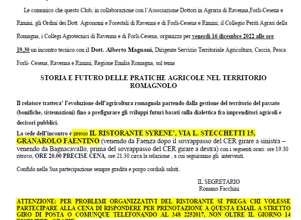 Granarolo Faentino – Faenza (RA), 16 dicembre 2022 – Incontro tecnico sul tema “Storia e futuro delle pratiche agricole nel territorio romagnolo”