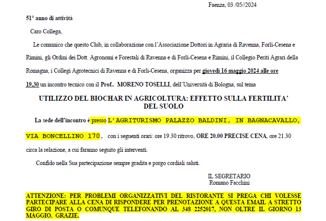 Bagnacavallo (RA), 16 maggio 2024 – Incontro tecnico sul tema “UTILIZZO DEL BIOCHAR IN AGRICOLTURA: EFFETTO SULLA FERTILITA’ DEL SUOLO”