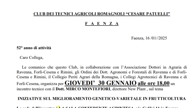 Faenza (RA), 30 gennaio 2025 – Incontro tecnico sul tema “INIZIATIVE SUL MIGLIORAMENTO GENETICO-VARIETALE IN FRUTTICOLTURA”