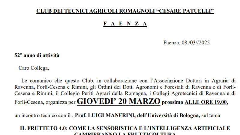 Faenza (RA), 20 marzo 2025 – IL FRUTTETO 4.0: COME LA SENSORISTICA E L’INTELLIGENZA ARTIFICIALE CAMBIERANNO LA FRUTTICOLTURA