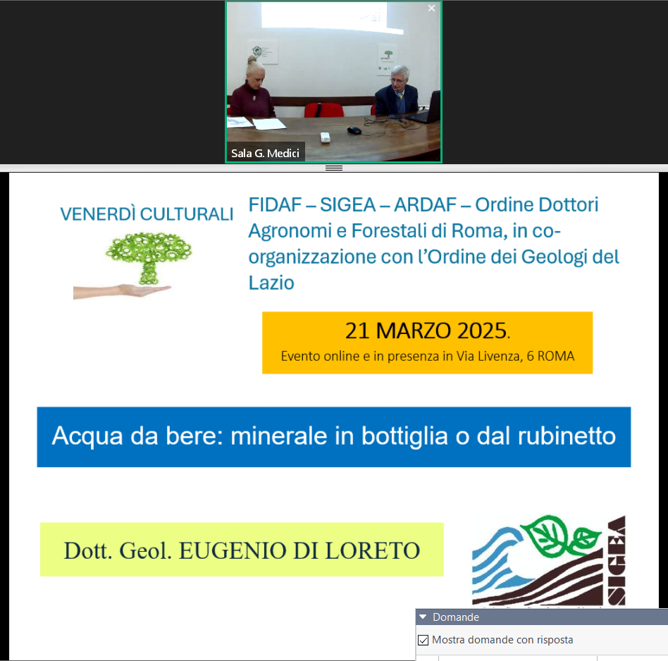 Venerdì Culturale 21.03.2025 “Acqua in bocca: quali sono le acque che beviamo” (In co-organizzazione con l’Ordine dei Geologi del Lazio)