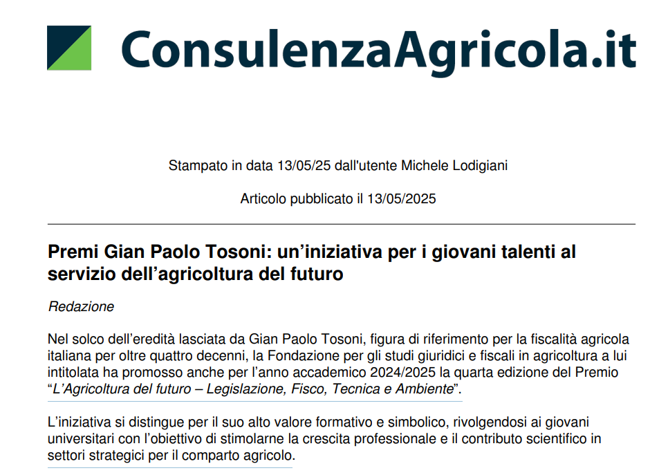 Premio Gian Paolo Tosoni: un’iniziativa per i giovani talenti al servizio dell’agricoltura del futuro 